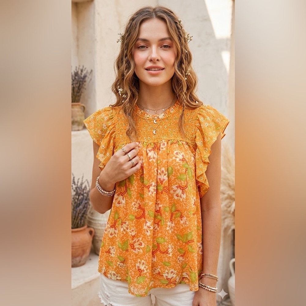 ANTHROPOLOGIE Maison d'Amelie Orange Smocked Blouse Top Size Size Medium